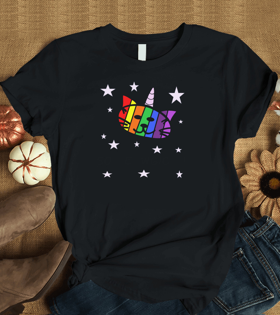 Unicorn Kitty Cat Rainbow So Meowgical Stars T-Shirt