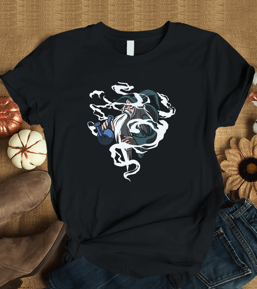 Bong Smoking Wizard with Smoky Swirls and Blue Glass Apparatus T-Shirt