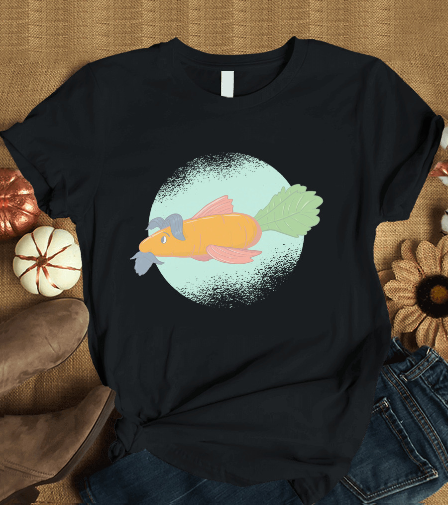 Carrot Fish with Mustache and Leaf Tail on Speckled Mint Circle T-Shirt