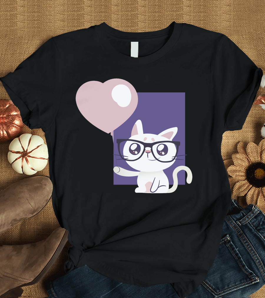 Cute Cat With Glasses Holding Heart Balloon T-Shirt