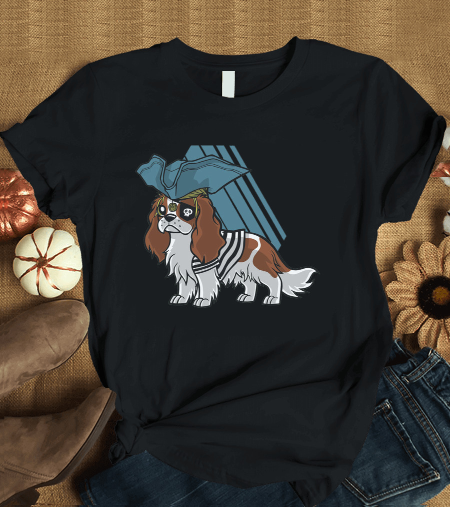 Cavalier King Charles Spaniel Pirate with Blue Pirate Hat and Eye Patch T-Shirt