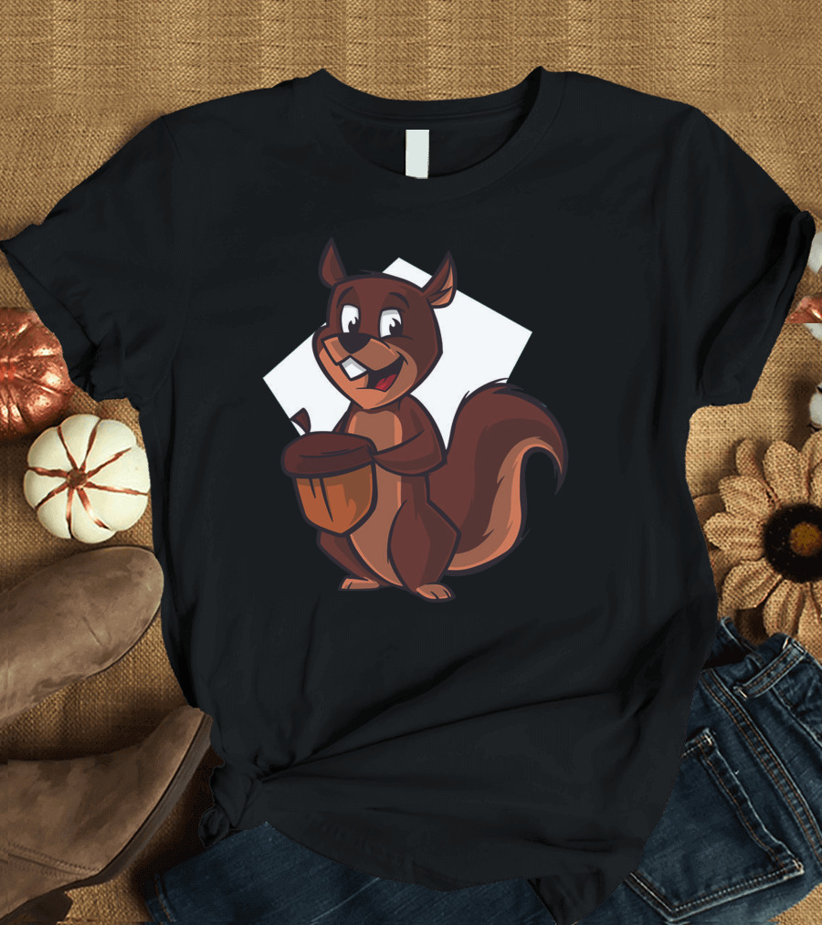 Cheerful Chipmunk Acorn Cartoon T-Shirt
