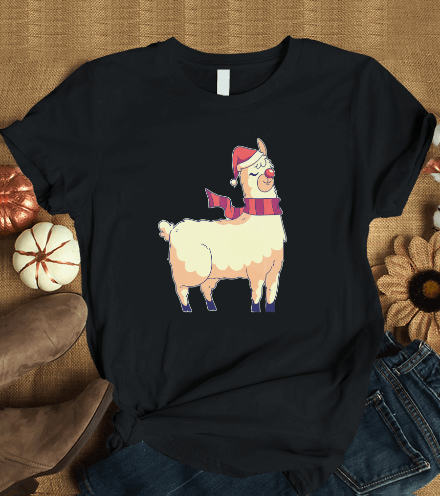 Christmas Alpaca Santa Hat Red Scarf Festive T-Shirt