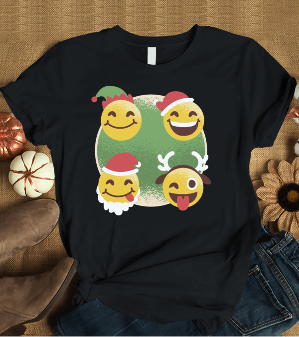 T-Shirt: Christmas Emoji Faces with Santa Hats and Reindeer Antlers T-Shirt Christmas Emoji Faces with Santa Hats and Reindeer Antlers T-Shirt