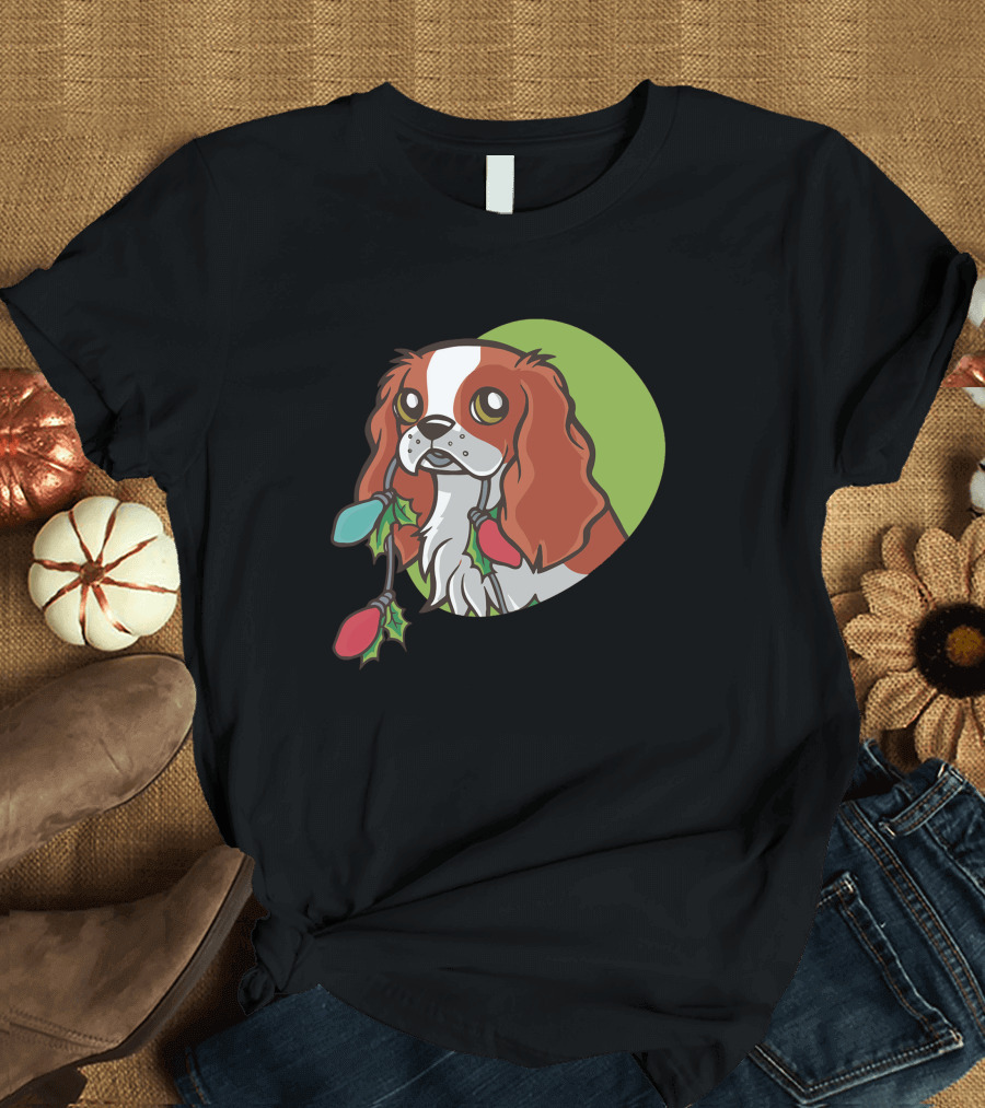 Cute Christmas Dog with Festive Holiday Lights in Mouth T-Shirt