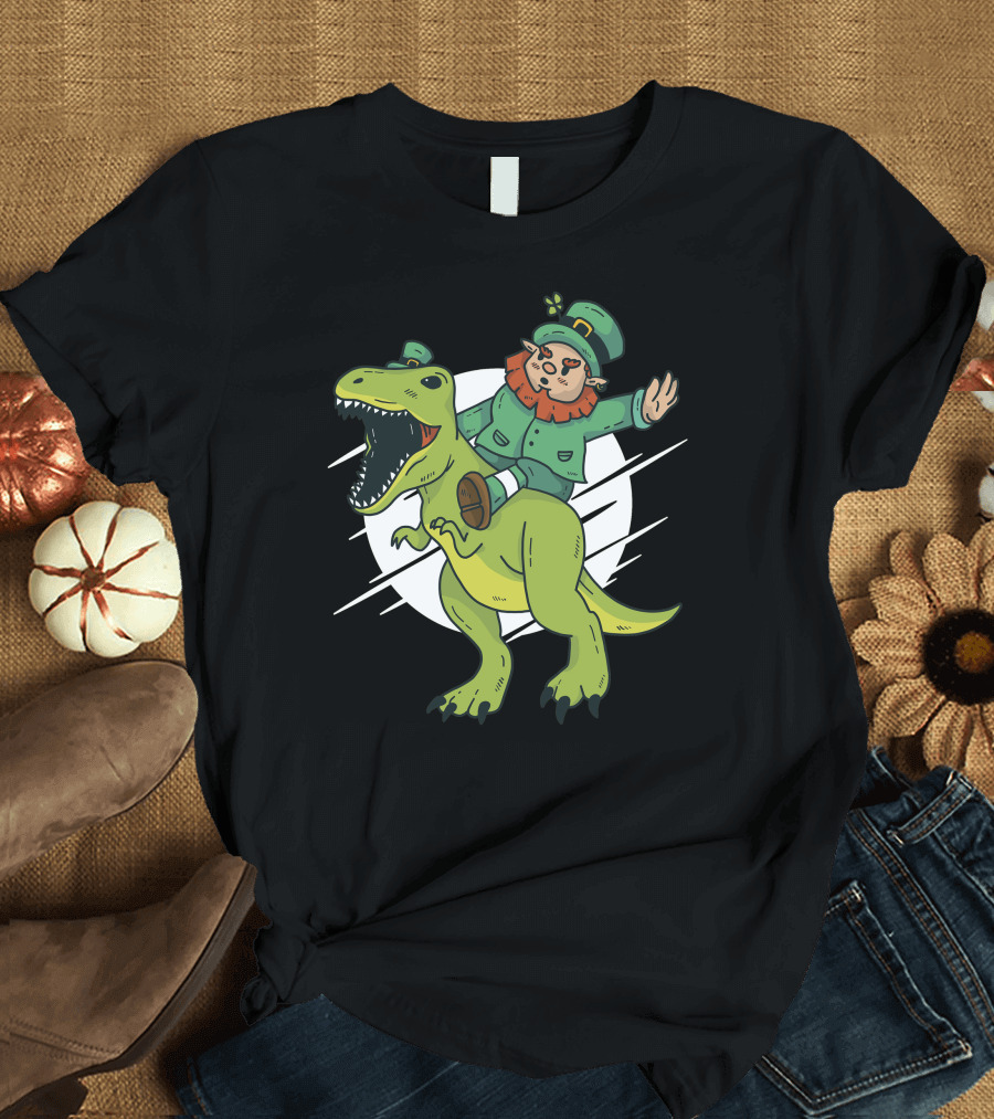 Leprechaun Riding Dinosaur with Orange Beard and Green Hat T-Shirt