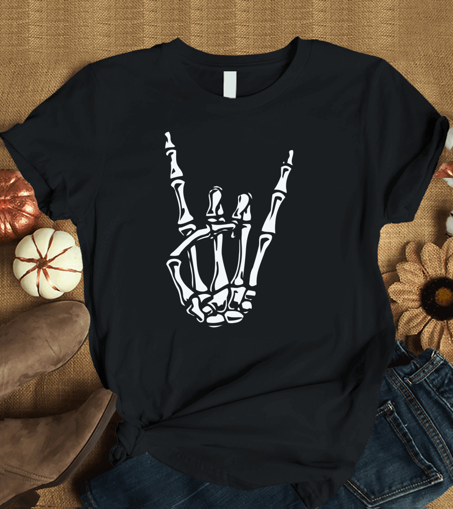 Rock On Skeleton Hand Sign T-Shirt