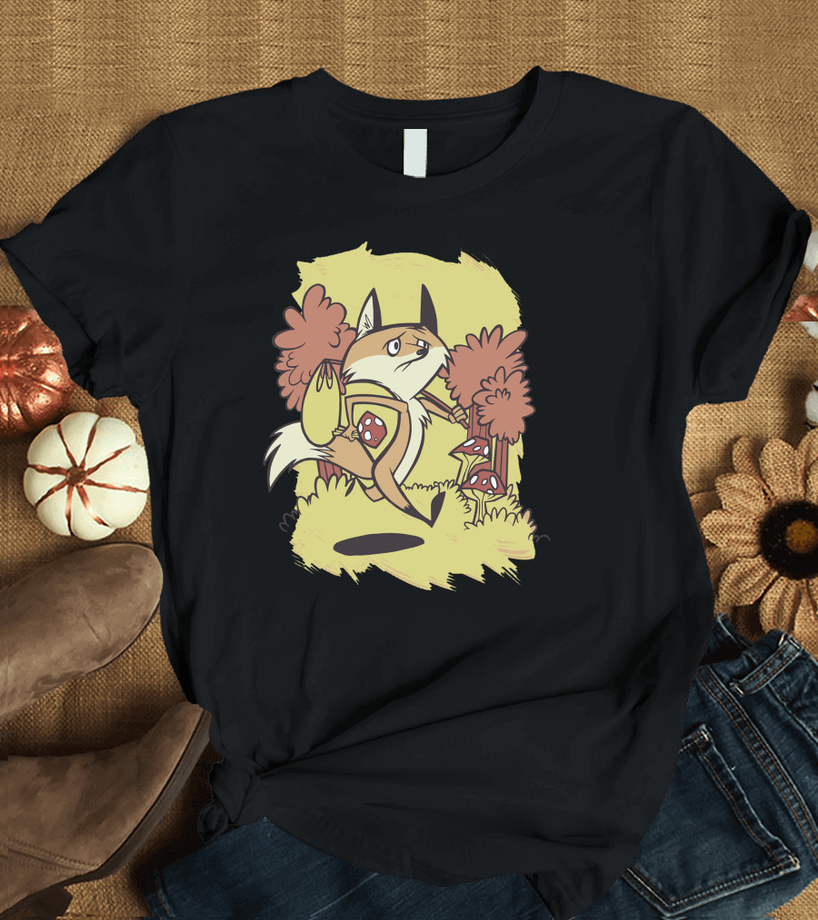 Sad Fox Walking Among Mushrooms and Trees T-Shirt