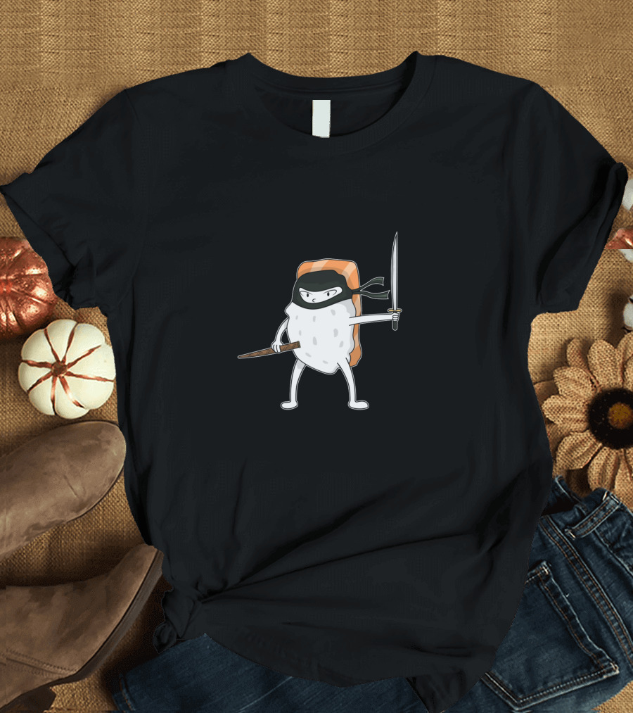 Salmon Sushi Ninja with Katana and Chopstick Warrior T-Shirt