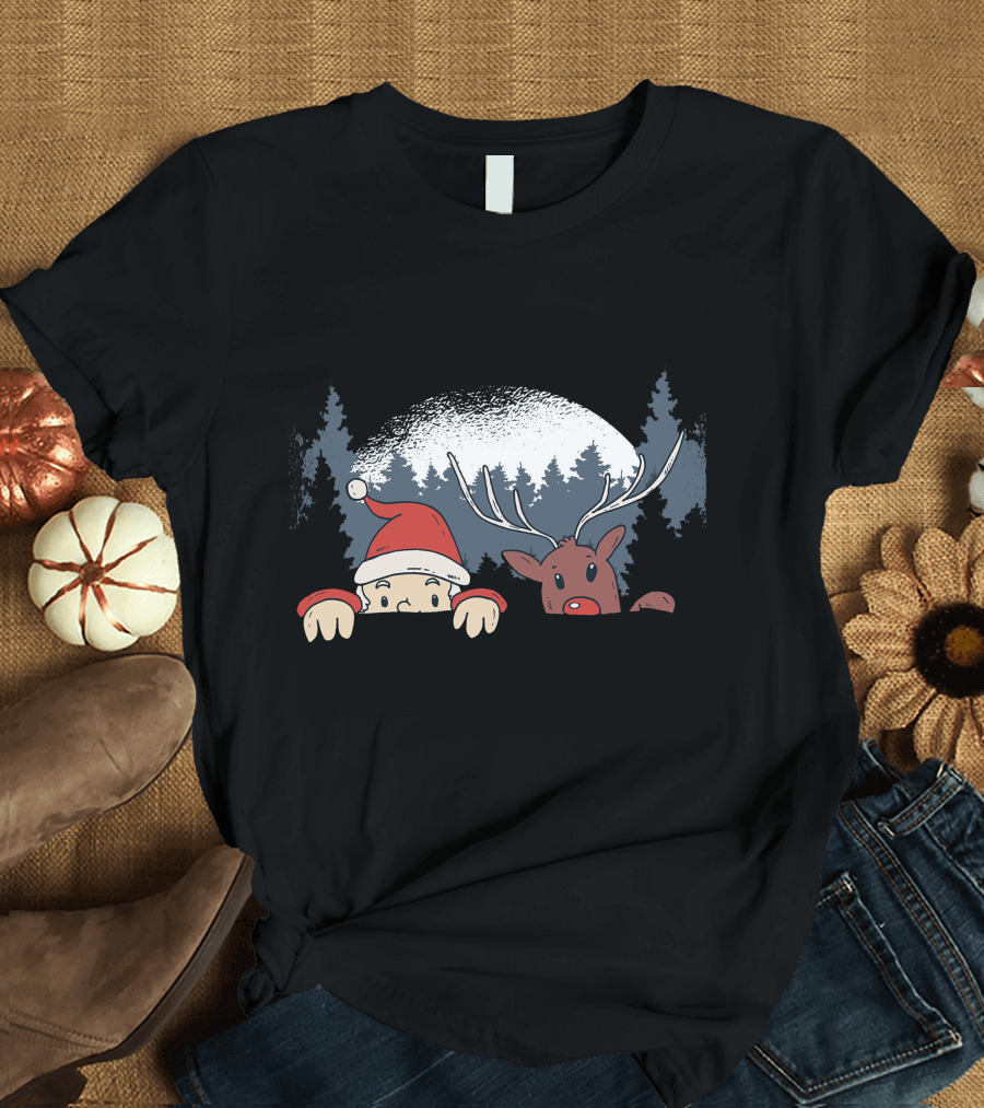 Santa Peeking with Reindeer in Forest T-Shirt