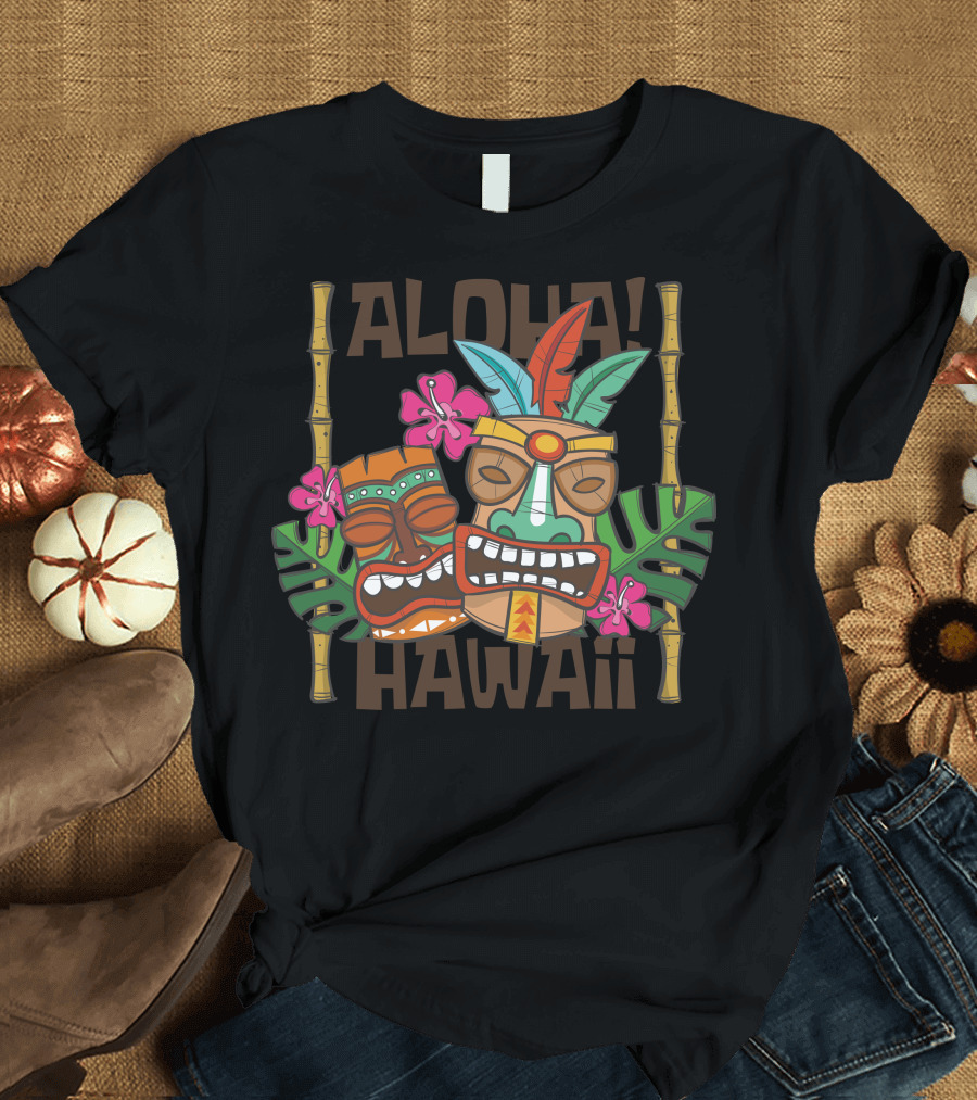 Aloha Hawaii Tiki Masks with Tropical Floral and Bamboo Elements T-Shirt