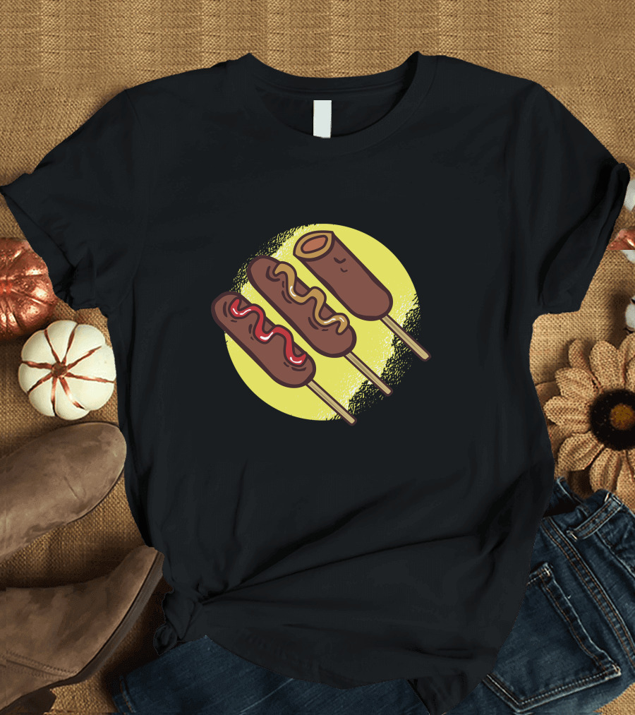 Corn Dogs Trio Delight with Yellow Circle Background T-Shirt