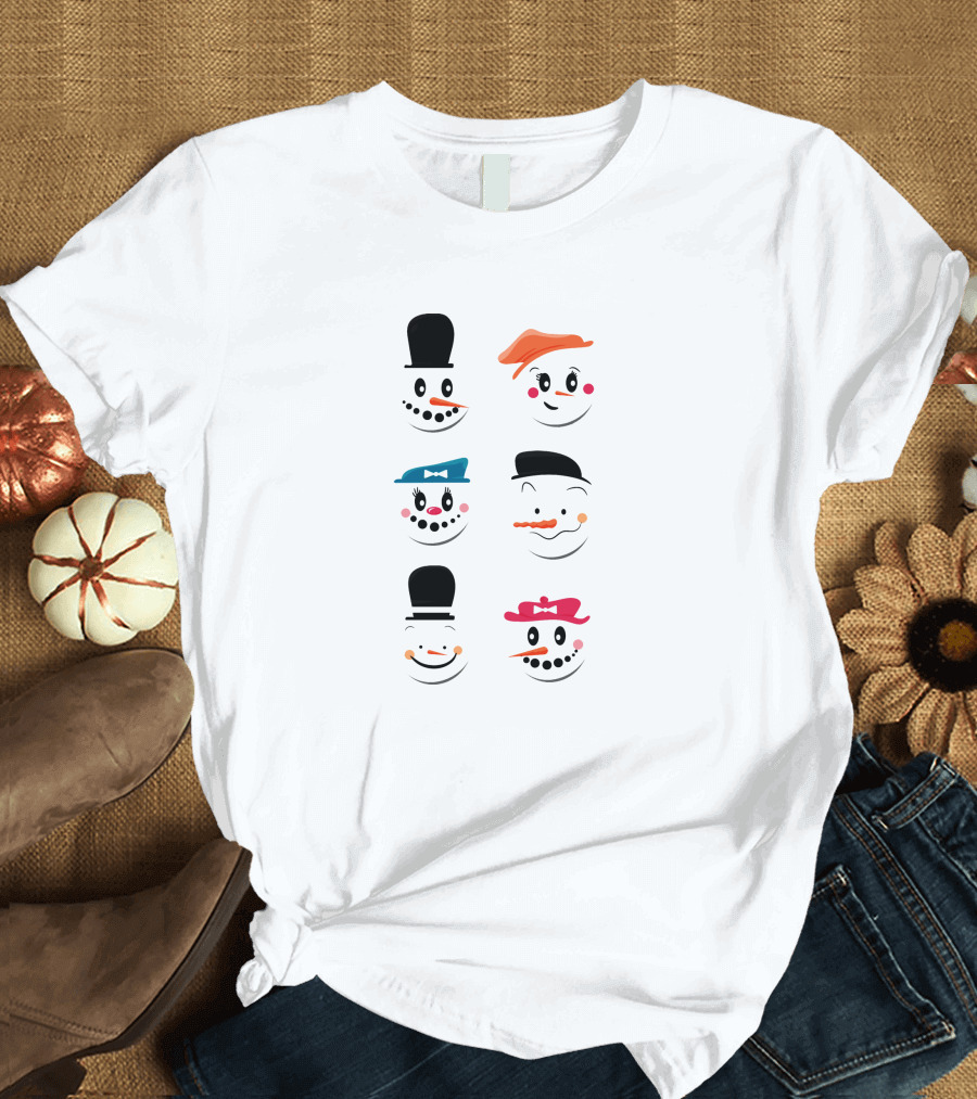 Cute Snowmen Faces with Colorful Hats and Bowties T-Shirt
