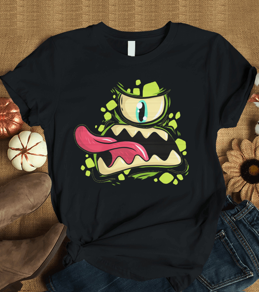 Cyclops Monster Cartoon Face with Green Eyeball and Red Tongue T-Shirt