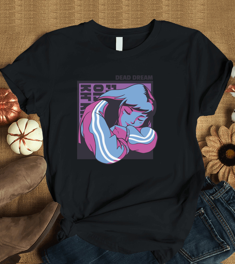 Dead Dream Neon Manga Style Character with Korean Text T-Shirt