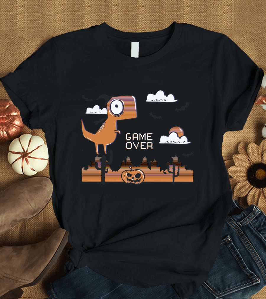 Game Over Dinosaur Halloween Pumpkin Retro Gaming Clouds T-Shirt