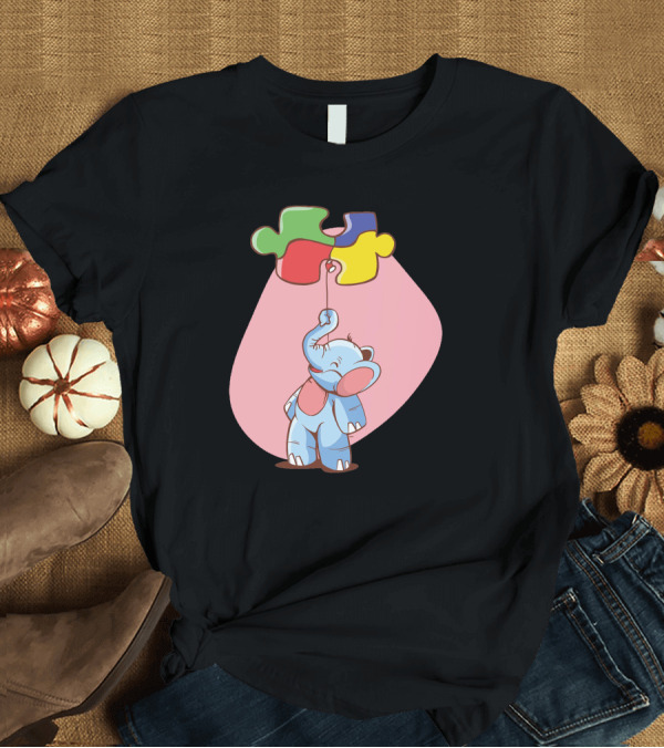 T-Shirt: Elephant Holding Puzzle Piece Balloon T-Shirt Elephant Holding Puzzle Piece Balloon T-Shirt