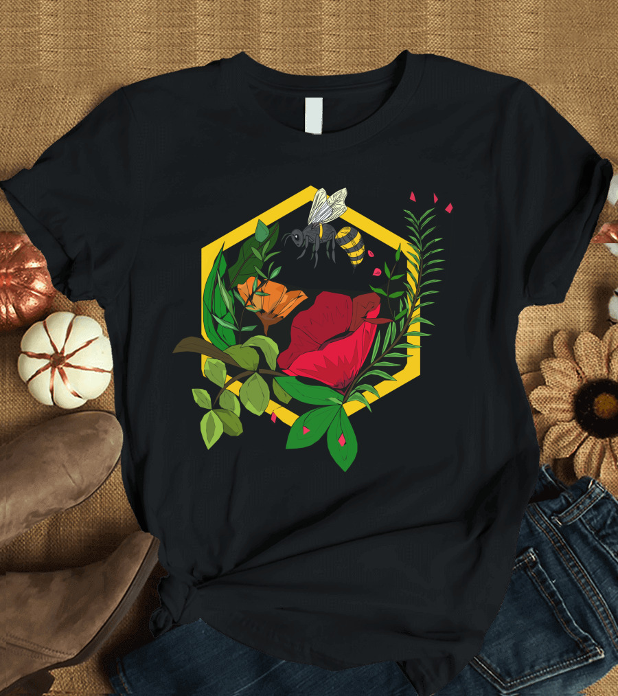 Flowers Honeycomb Bee and Leaves Harmony T-Shirt