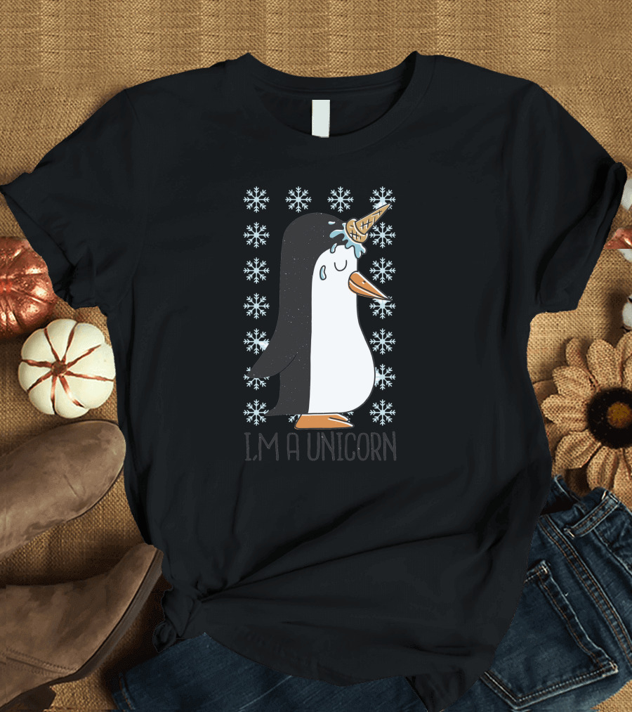Penguin with Ice Cream Cone Unicorn Horn Surrounded by Snowflakes with I’m a Unicorn T-Shirt