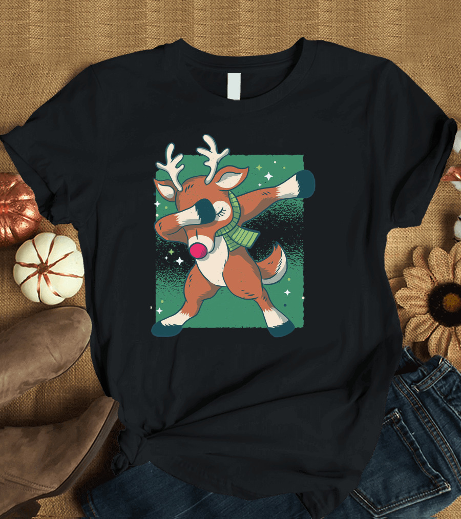Reindeer Holiday Dab Dance Antlers Red Nose Green Scarf Snowflakes T-Shirt
