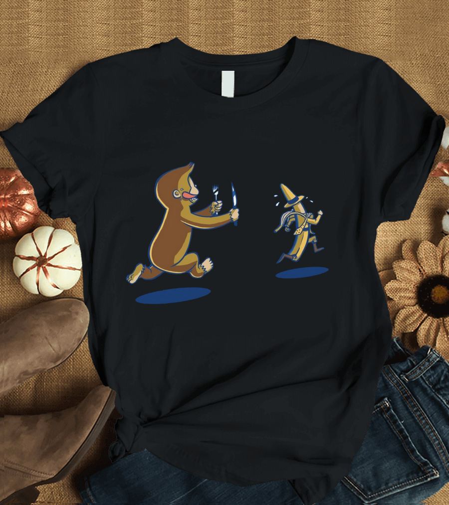 A Curious Appetite Monkey Chasing Banana with Fork and Knife T-Shirt