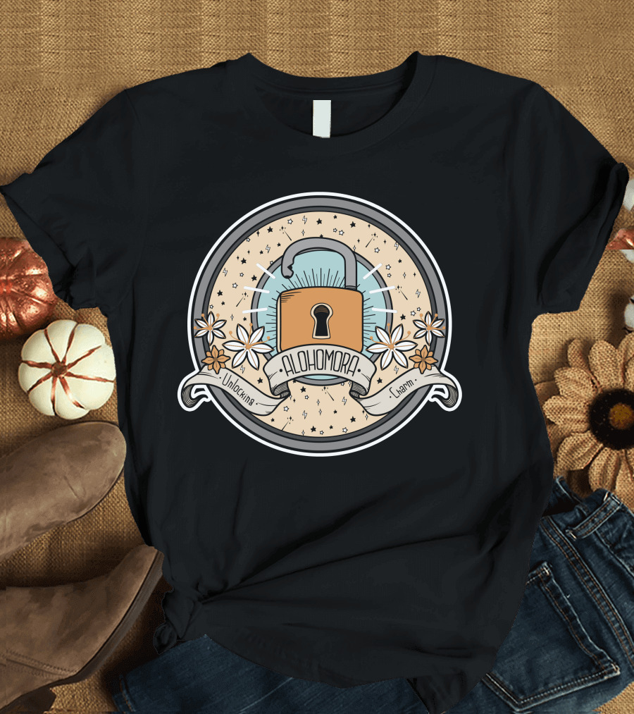 Alohomora Unlocking Charm Magic Stars Lock and Key Floral Wreath T-Shirt