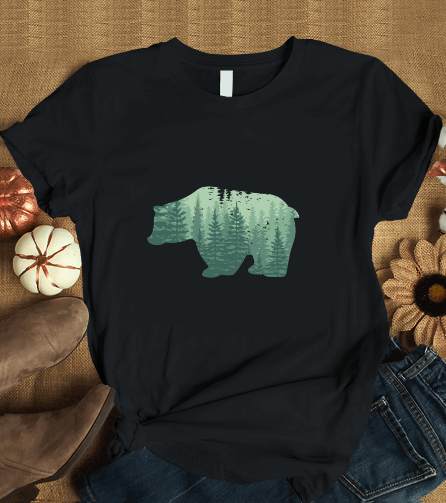 Bear In The Forest Silhouette with Pine Trees and Birds T-Shirt