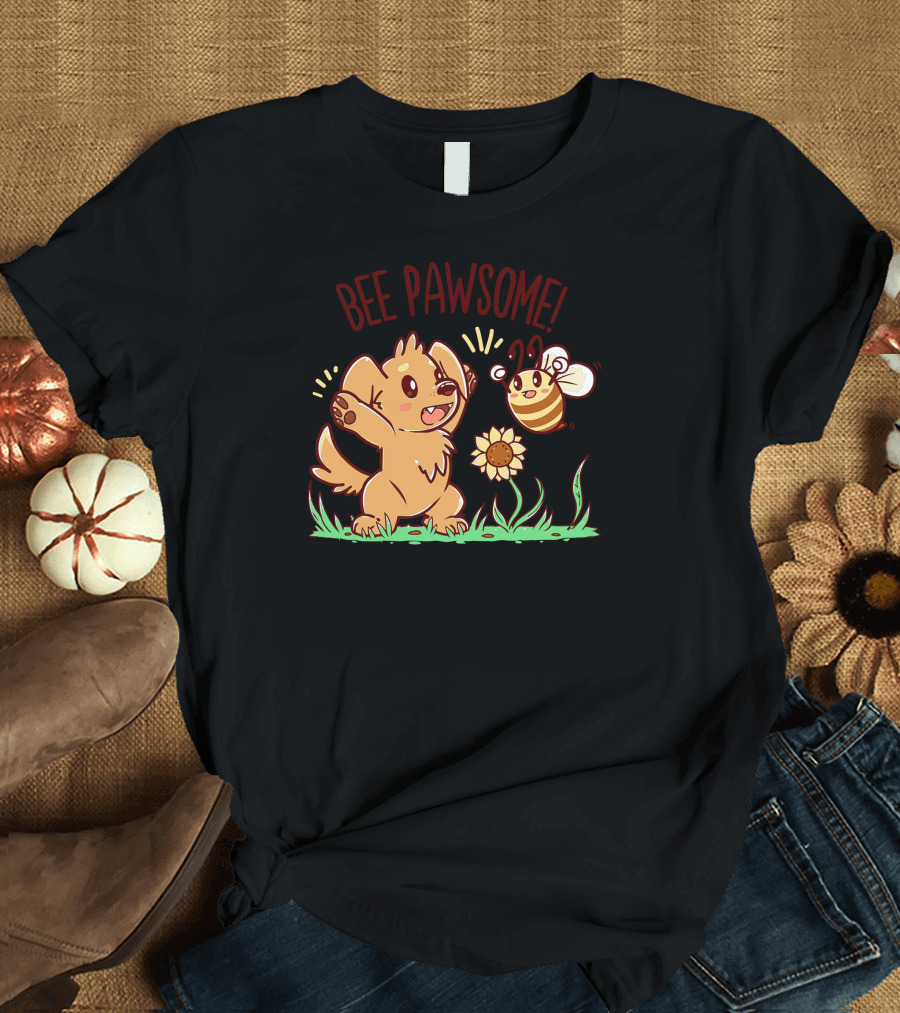 BEE PAWSOME Playful Dog and Happy Bee in Grass with Sunflower T-Shirt