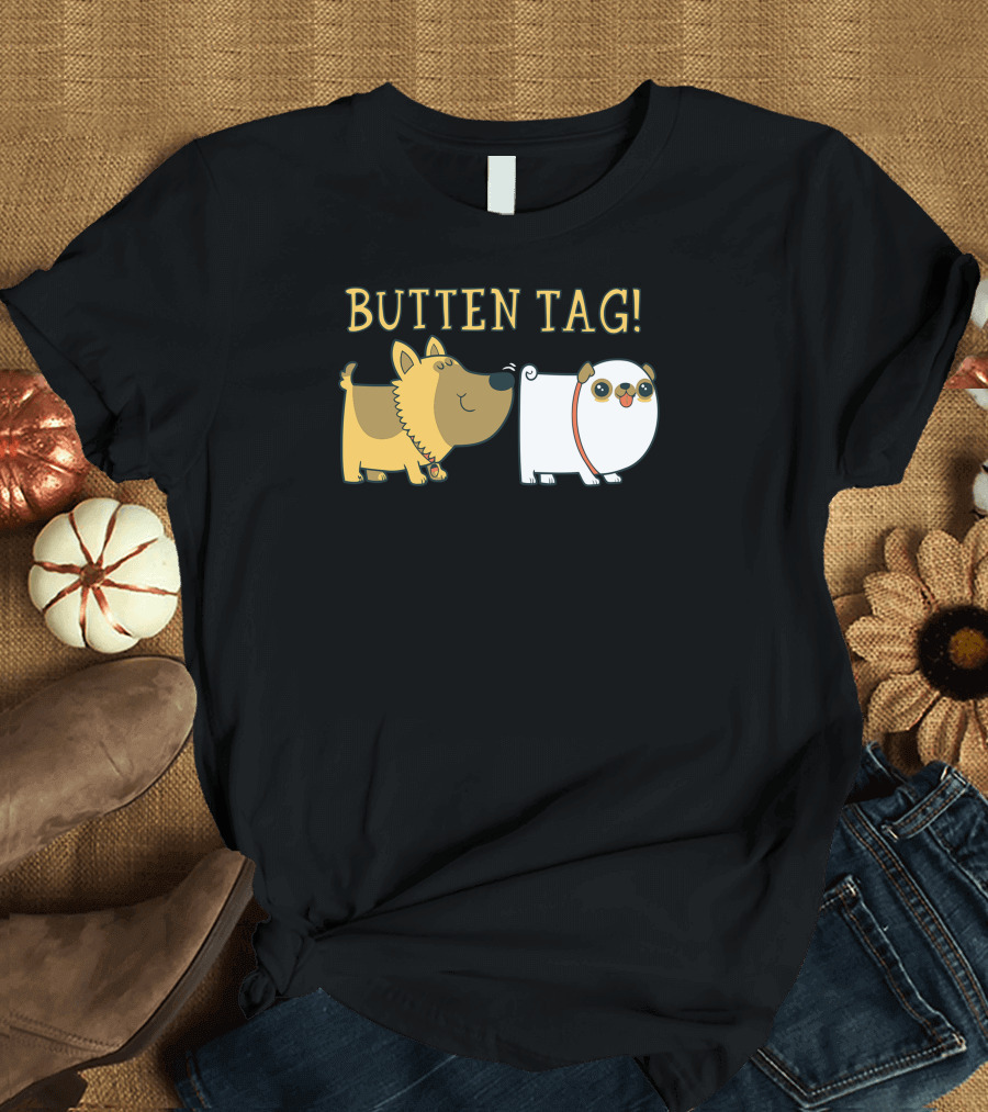 BUTTEN TAG Funny Cartoon Dogs Playful T-Shirt
