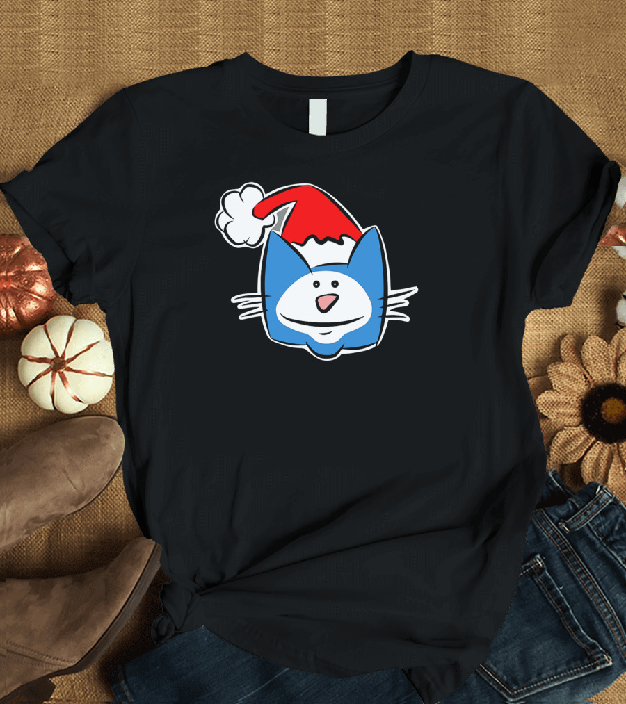 Christmas Cat With Santa Hat Blue Cartoon T-Shirt