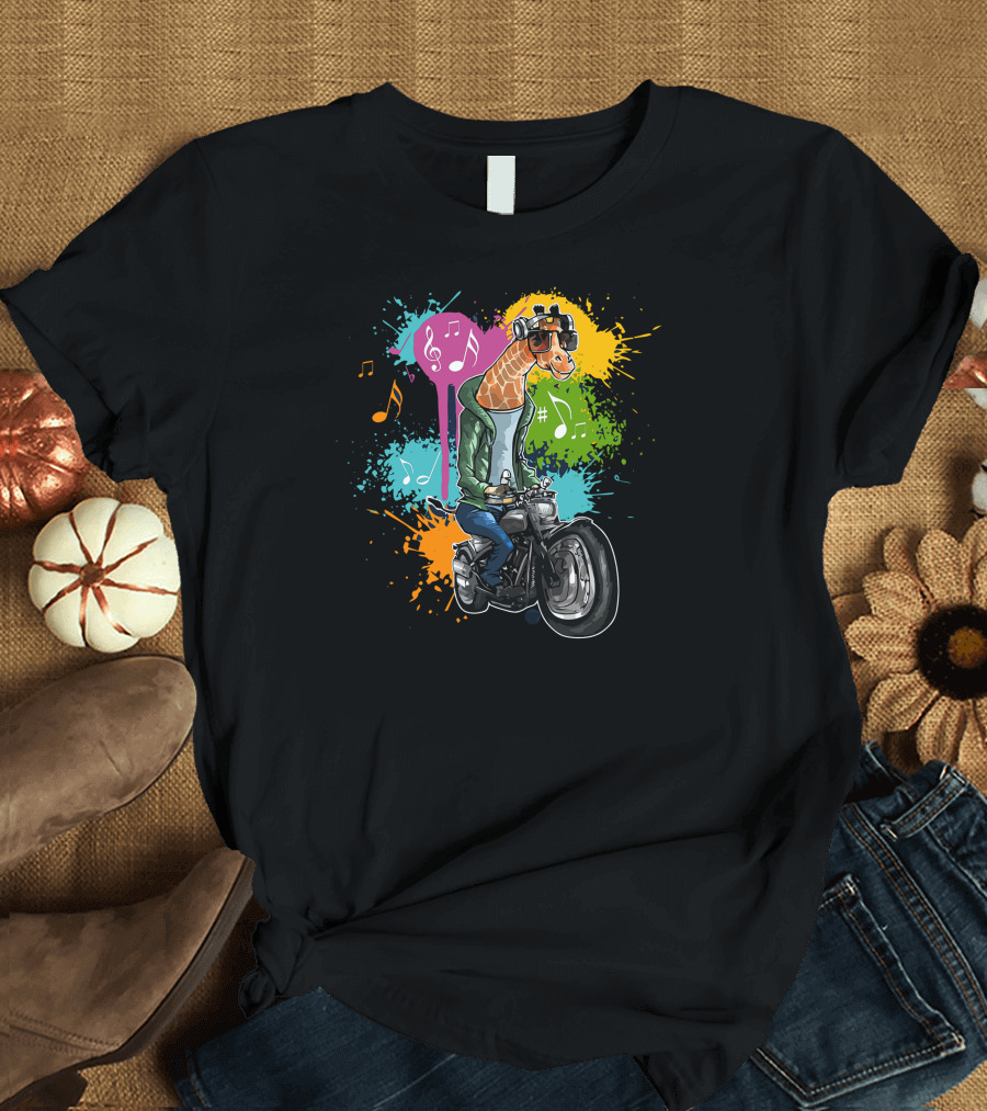 Cool Rider Giraffe on Motorcycle with Musical Notes and Colorful Splashes T-Shirt