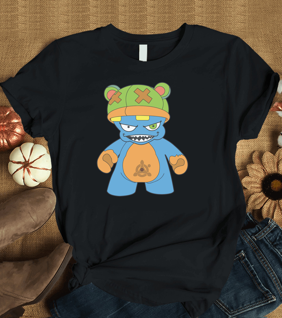 Evil New Iii Bear Character with Green Cross-Eyed Hat and Blue Body T-Shirt