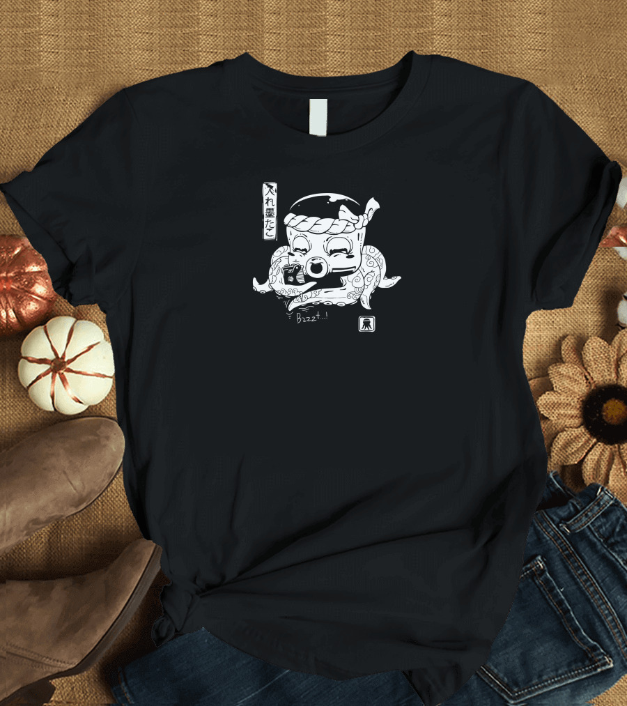 Inkedtopus: Japanese Inspired Tattoo Octopus with Camera and Bzzzt Text T-Shirt
