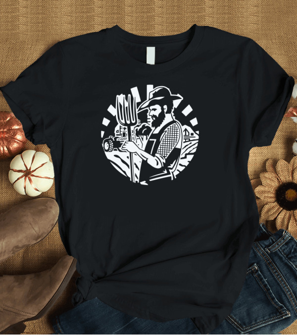 T-Shirt: Farmer Holding Pitchfork in Front of Tractor and Barn with Rural Landscape T-Shirt Farmer Holding Pitchfork in Front of Tractor and Barn with Rural Landscape T-Shirt