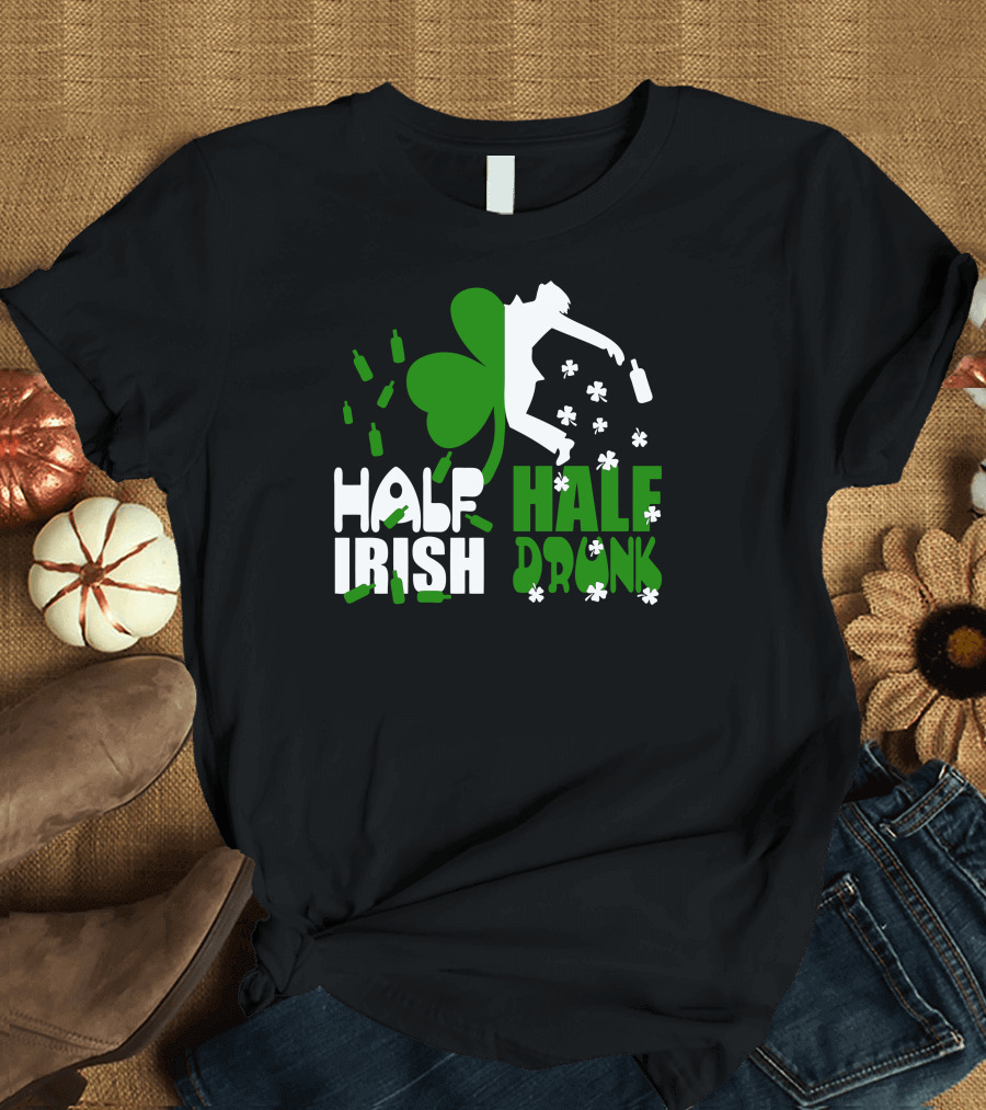 Half Irish Half Drunk Shamrock and Bottles with Clover T-Shirt
