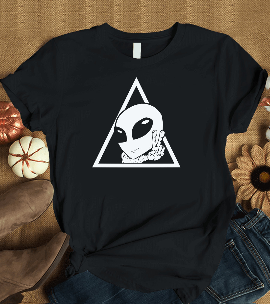 Alien Peace Sign Inside Triangle Pyramid T-Shirt