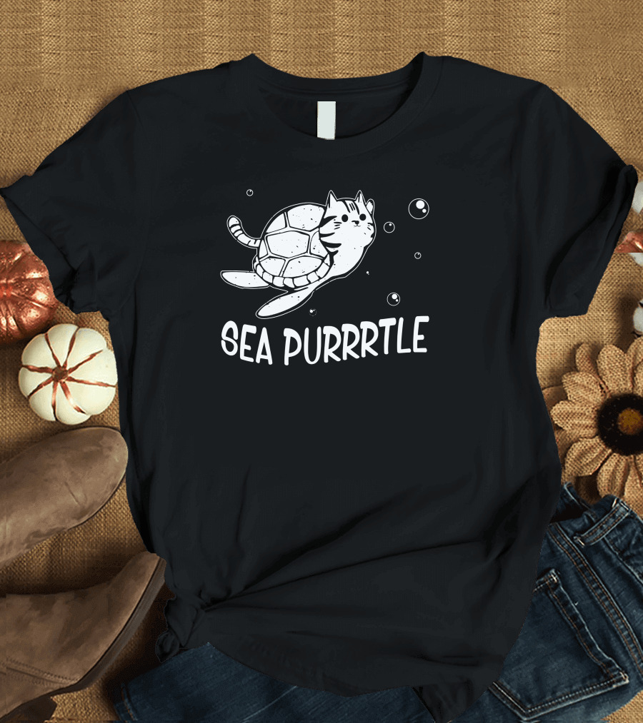 Sea Purrrtle Cat Turtle Swimming with Bubbles T-Shirt