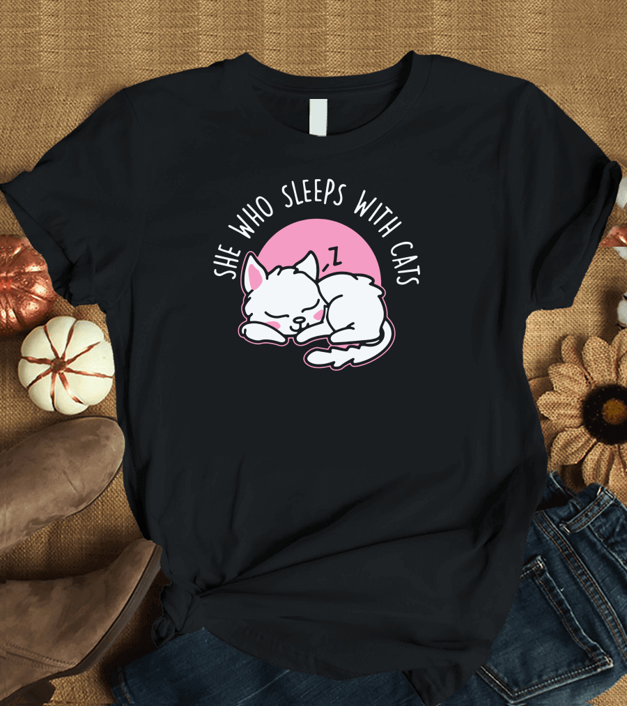 She Who Sleeps With Cats White Kitty Pink Moon T-Shirt