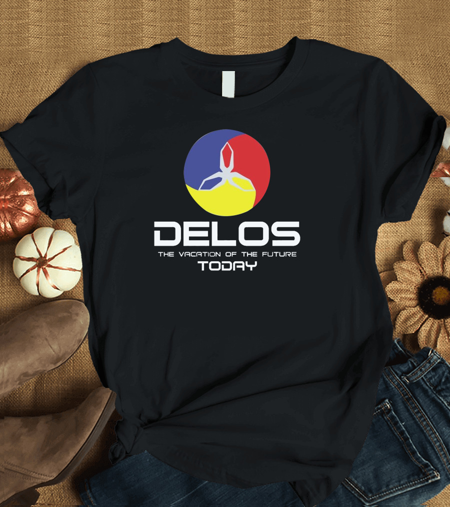 DELOS The Vacation of the Future Today Logo Red Blue Yellow Circle T-Shirt