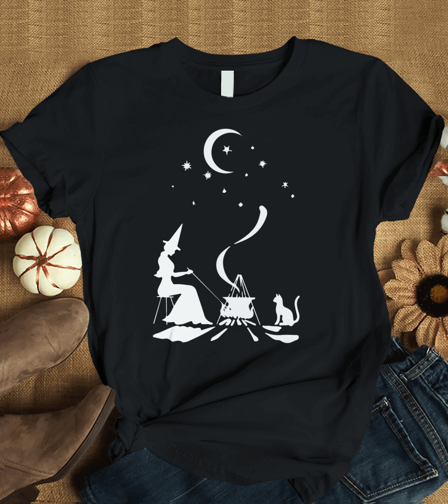 Happy Witch and Cat Under Moon Stars Camping Cooking Cauldron T-Shirt