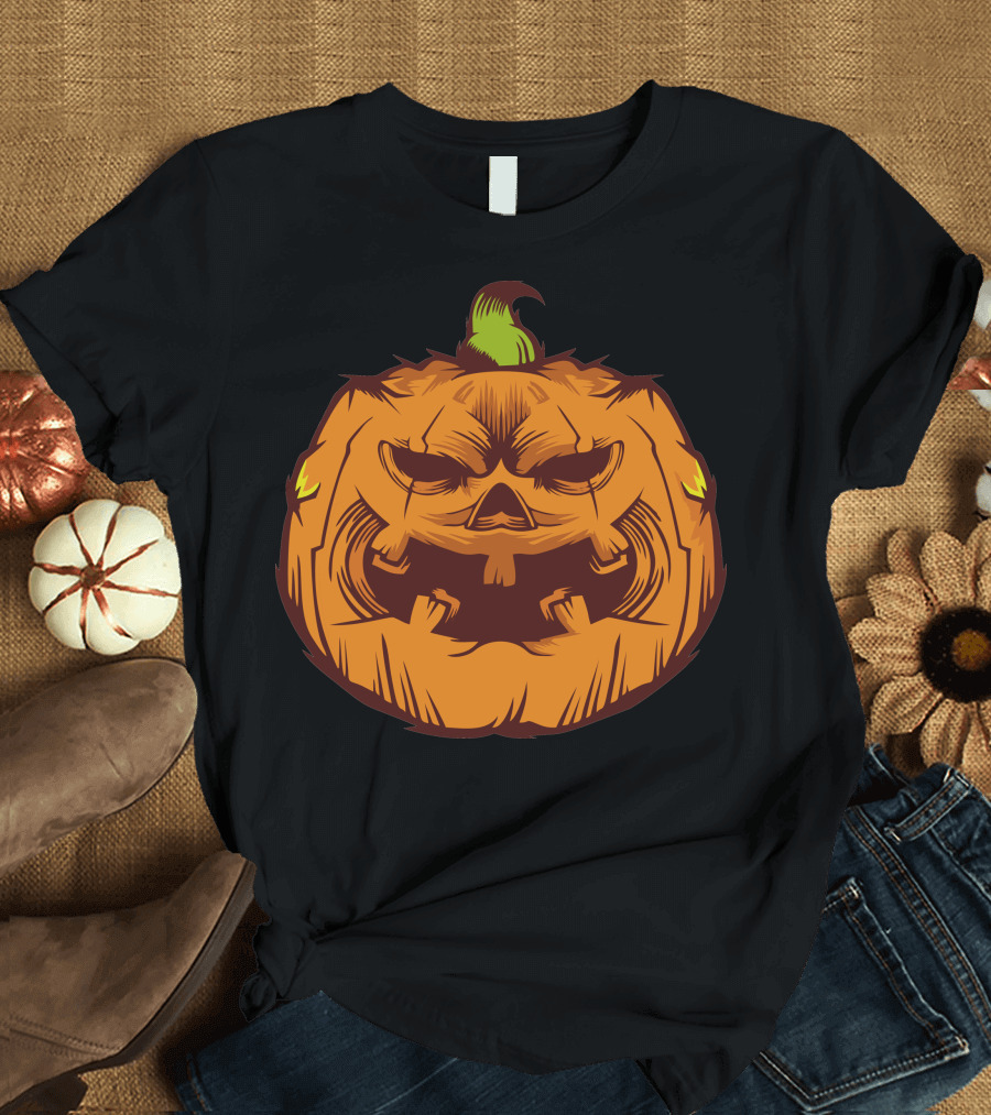 Pumpkin Grinning Face with Dark Eyes and Green Stem T-Shirt