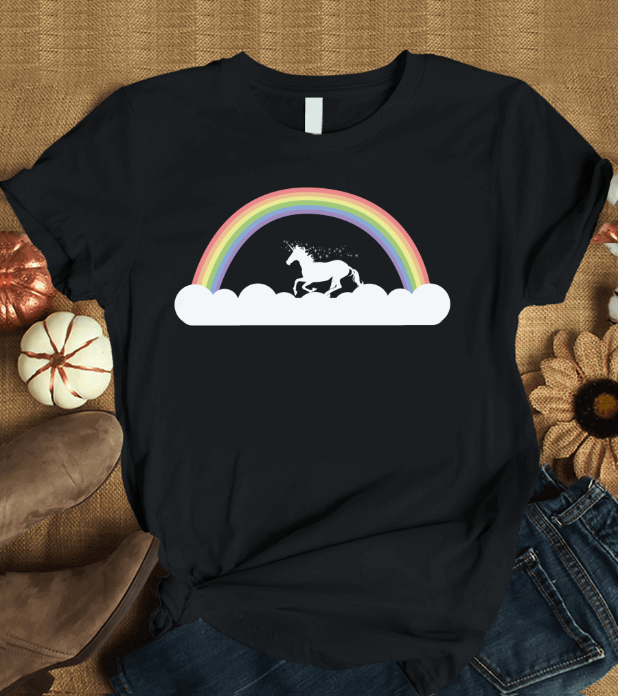 Rainbow Unicorn Prancing Under Colorful Arc in Clouds T-Shirt