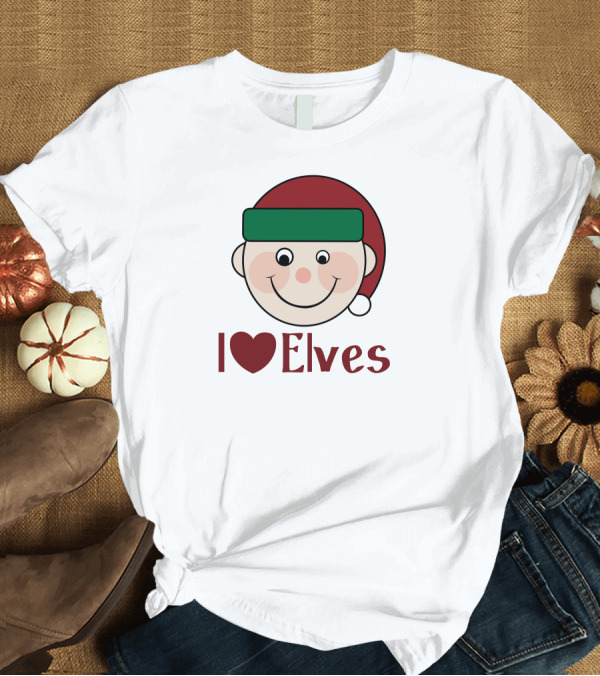 T-Shirt: I Heart Elves Smiling Cartoon Face with Santa Hat T-Shirt I Heart Elves Smiling Cartoon Face with Santa Hat T-Shirt