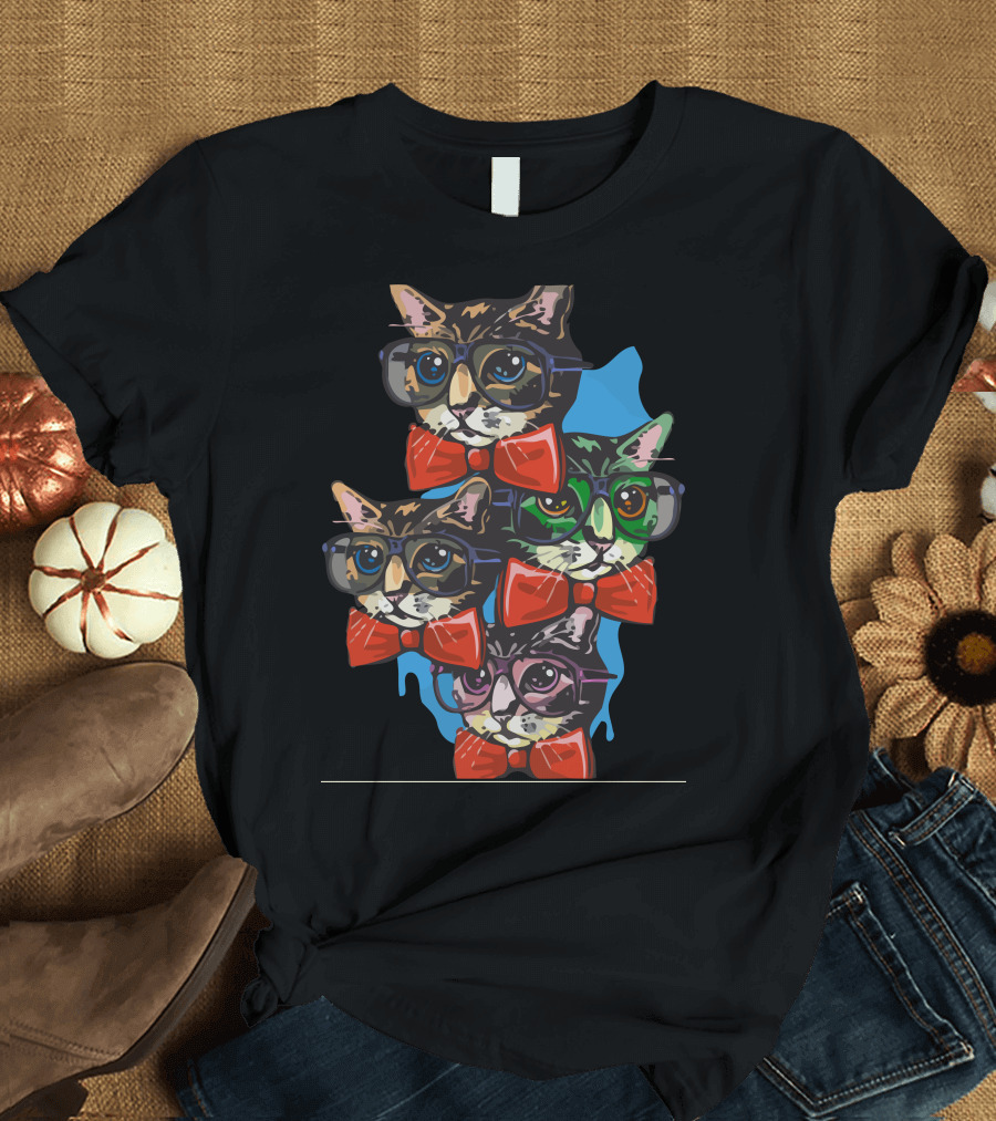 Nerd Cat Glasses and Bow Ties Quad T-Shirt