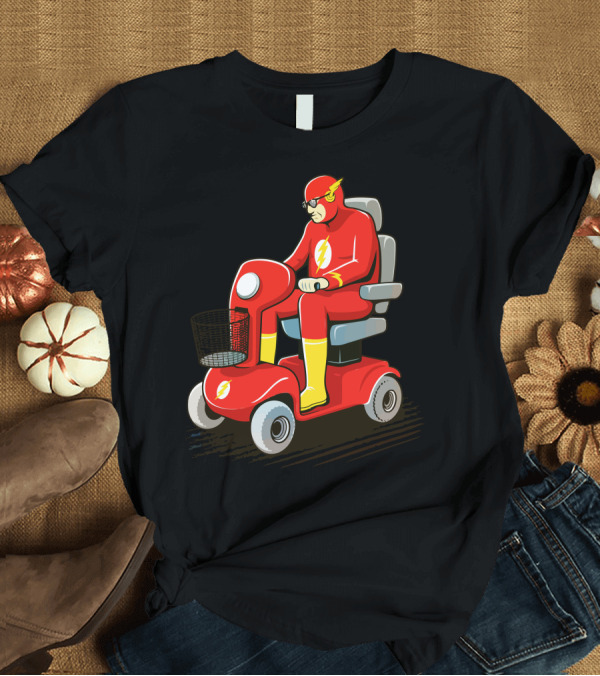 T-Shirt: Slow Speedster on Red Mobility Scooter with Lightning Bolt Emblem T-Shirt Slow Speedster on Red Mobility Scooter with Lightning Bolt Emblem T-Shirt