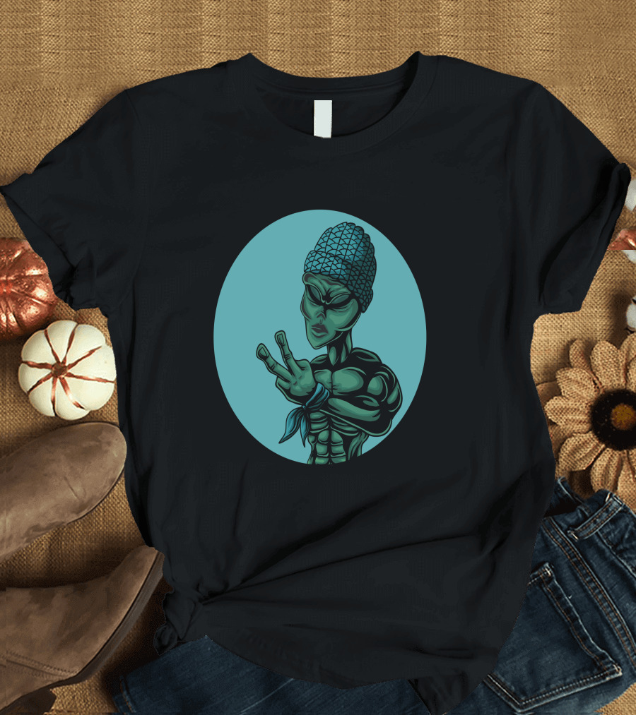 Alien Gangster Style Rapper with Beanie and Bandana T-Shirt