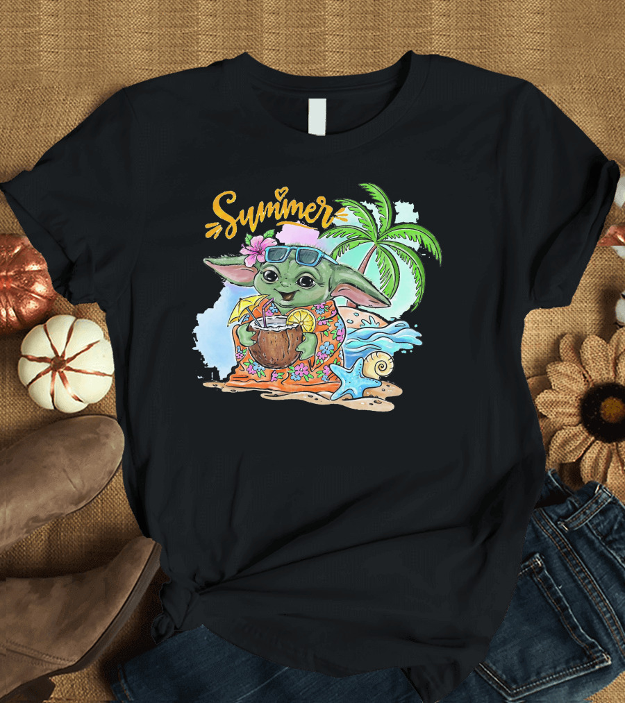 Summer Baby Yoda Beach Vibes with Palm and Coconut Drink T-Shirt
