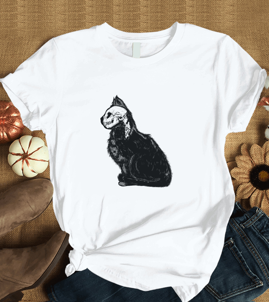 Kittycat Skeleton Illustration Cat Skull T-Shirt