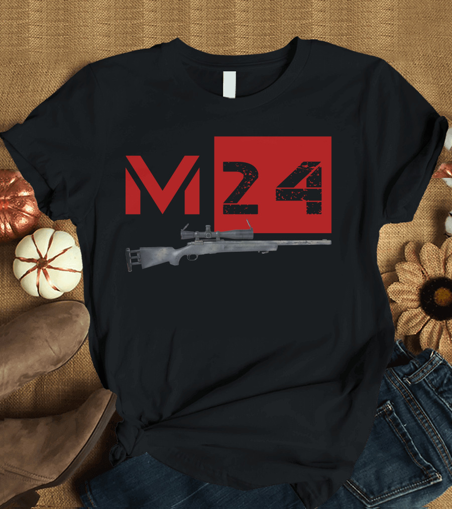 M24 Sniper Rifle Graphic with Distressed Red Text T-Shirt
