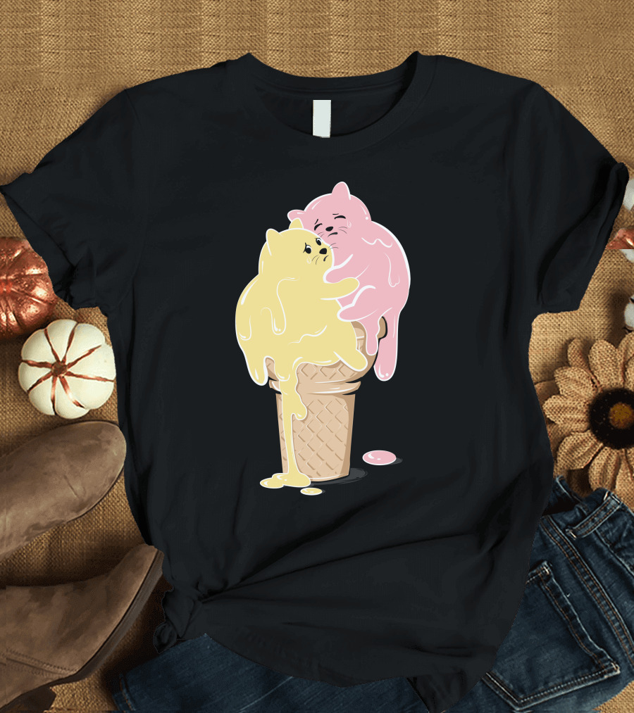 Melting Cats Ice Cream Cone Pastel Yellow and Pink T-Shirt